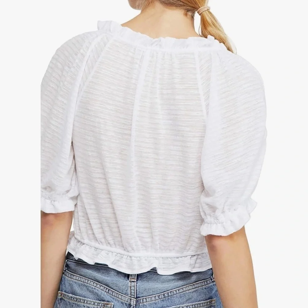 Free People Dorothy Short Sleeve Puff Sleeve Ruffled Tie Front Crop Top Size S